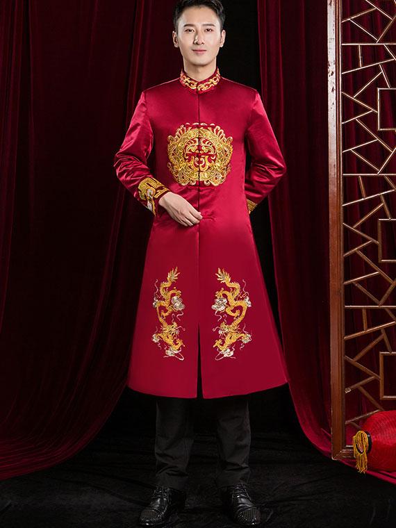 Wine Red Embroidered Dragon Men Wedding Suit Jacket