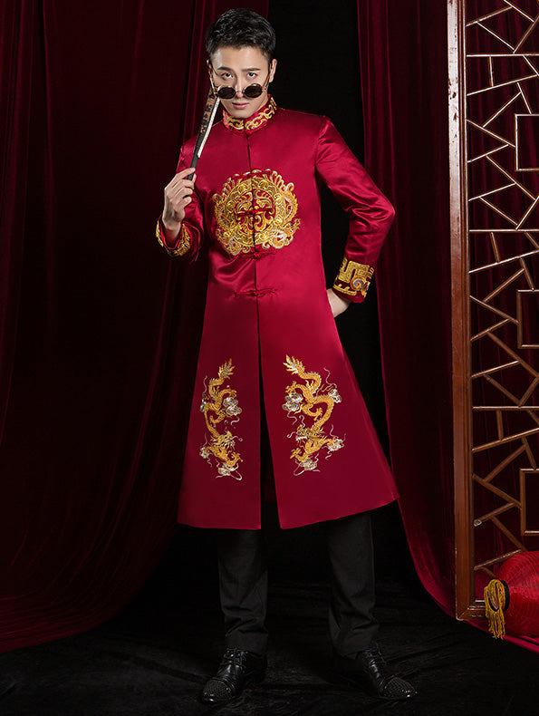 Wine Red Embroidered Dragon Men Wedding Suit Jacket
