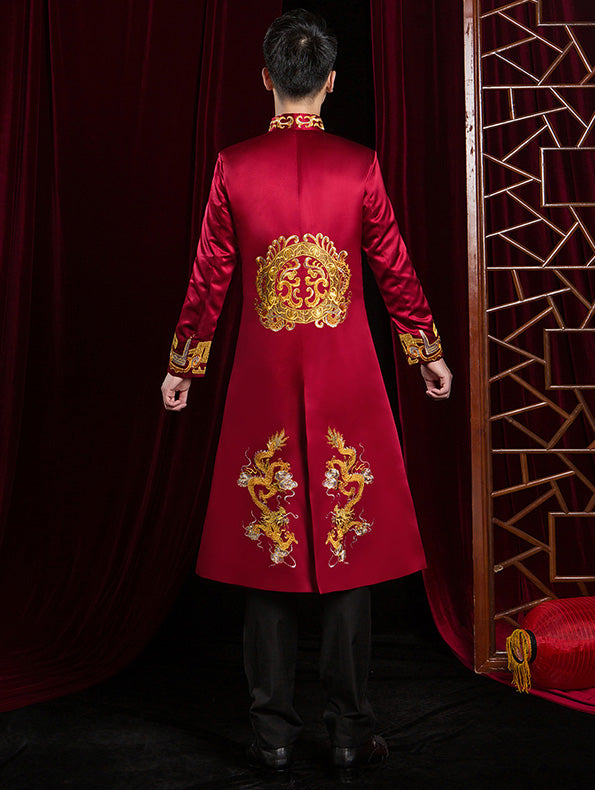 Wine Red Embroidered Dragon Men Wedding Suit Jacket