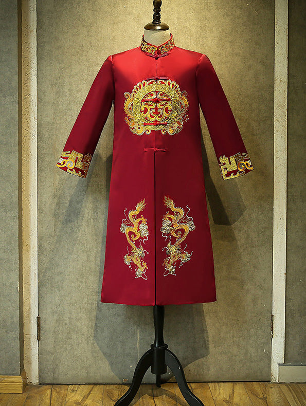 Wine Red Embroidered Dragon Men Wedding Suit Jacket