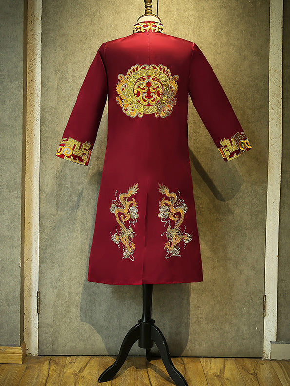 Wine Red Embroidered Dragon Men Wedding Suit Jacket