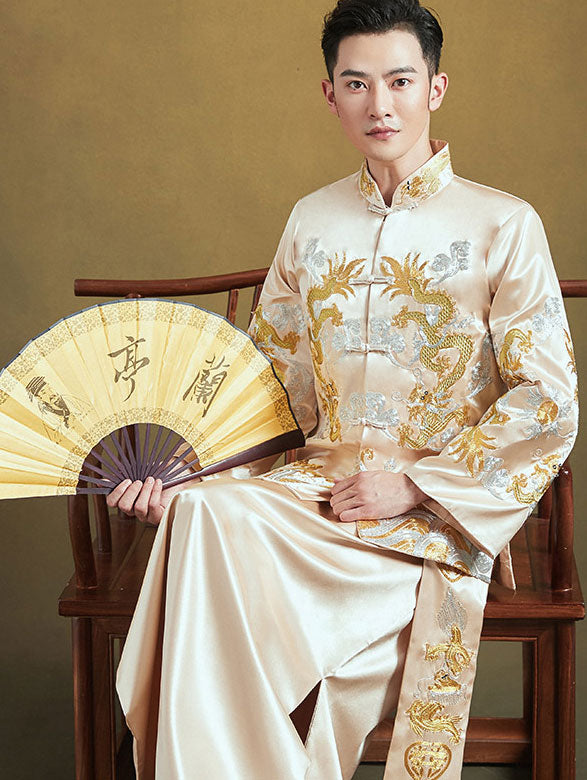 Champagne Embroidered Dragon Chinese Traditional Men's Wedding Suit