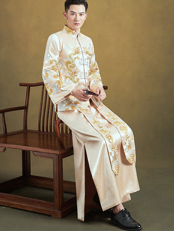Champagne Embroidered Dragon Chinese Traditional Men's Wedding Suit