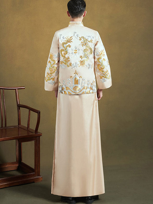 Champagne Embroidered Dragon Chinese Traditional Men's Wedding Suit