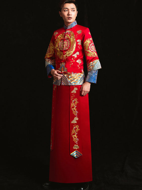 Red Gorgeous Embroidered Phoenix Chinese Wedding Bridal Qun Gua
