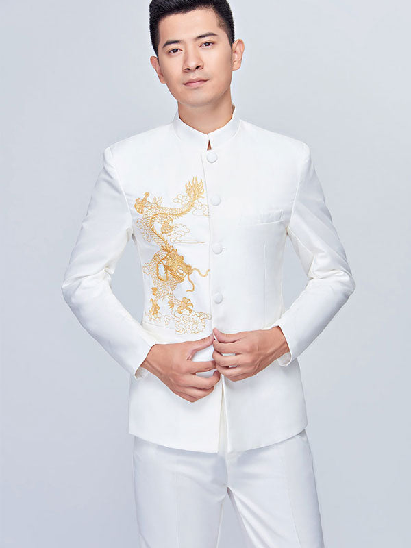 Black White Embroidered Dragon Chinese Tunic Suit Jacket