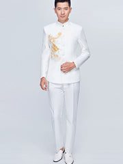 Black White Embroidered Dragon Chinese Tunic Suit Jacket