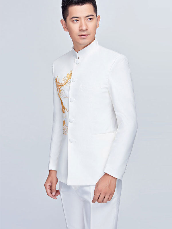 Black White Embroidered Dragon Chinese Tunic Suit Jacket