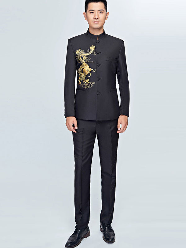 Black White Embroidered Dragon Chinese Tunic Suit Jacket