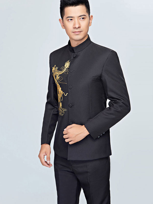 Black White Embroidered Dragon Chinese Tunic Suit Jacket