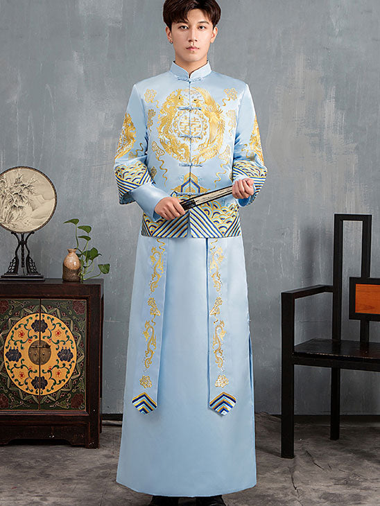 Blue Embroidered Dragon Phoenix Man Wedding Qun Gua