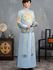 Blue Embroidered Dragon Phoenix Man Wedding Qun Gua