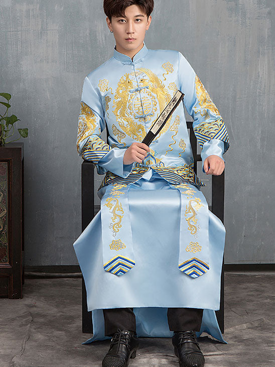 Blue Embroidered Dragon Phoenix Man Wedding Qun Gua