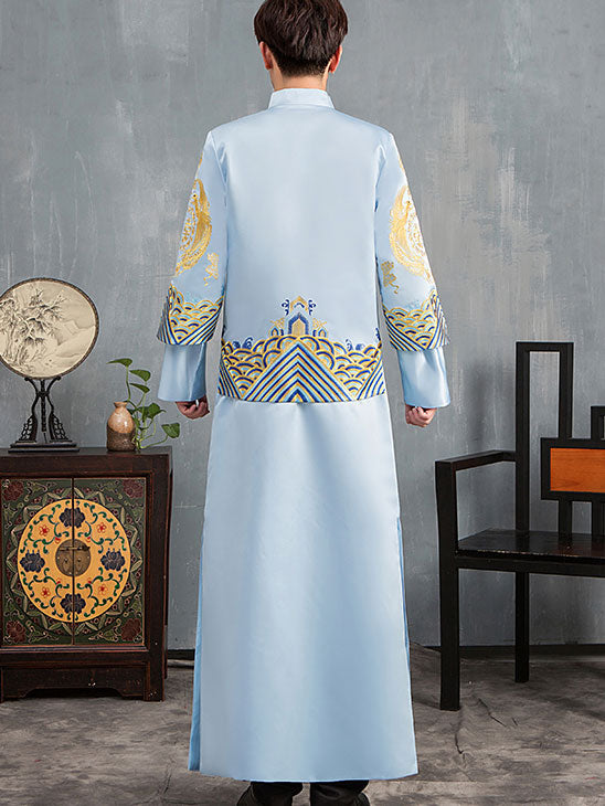 Blue Embroidered Dragon Phoenix Man Wedding Qun Gua
