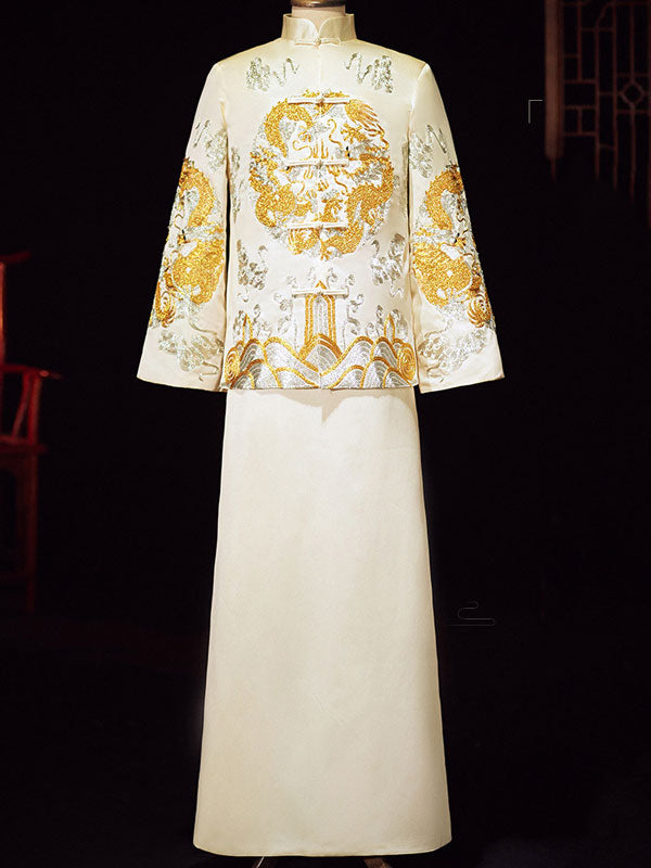 Champagne Embroidered Wedding Bridal Qun Gua with Pleated Skirt