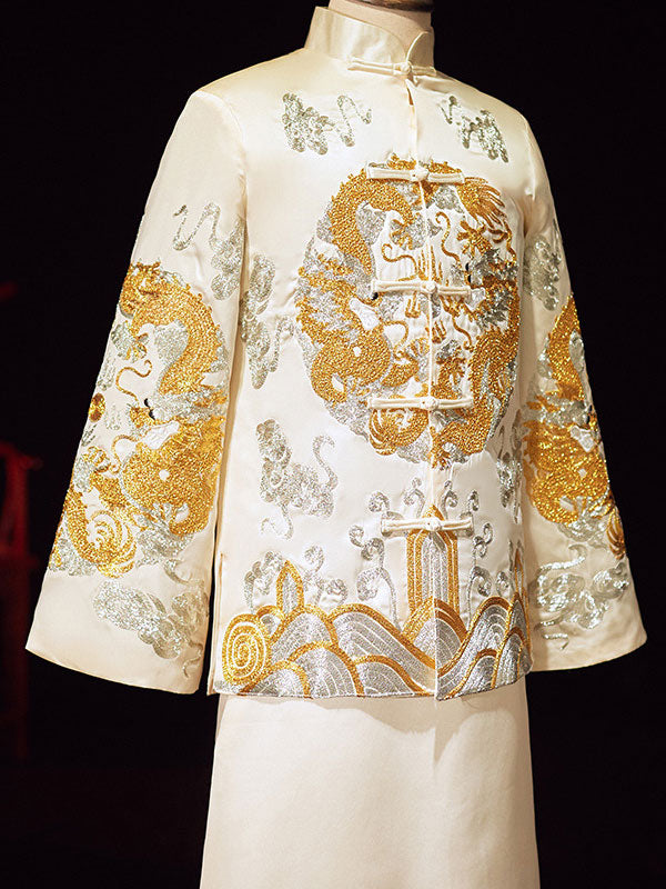 Champagne Embroidered Wedding Bridal Qun Gua with Pleated Skirt