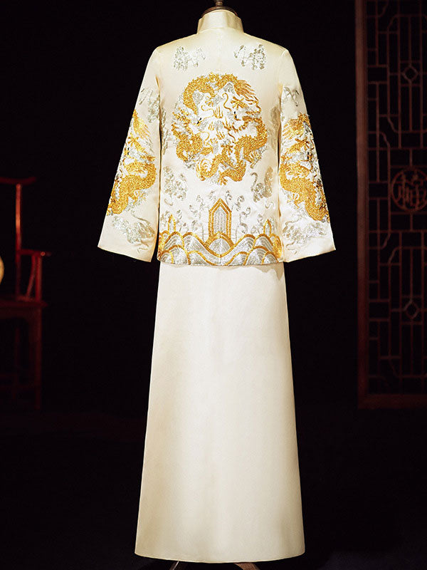 Champagne Embroidered Wedding Bridal Qun Kwa with Pleated Skirt