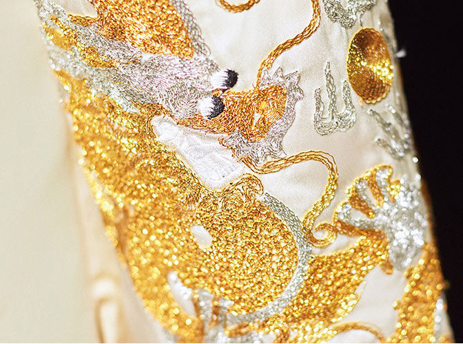 Champagne Embroidered Wedding Bridal Qun Kwa with Pleated Skirt