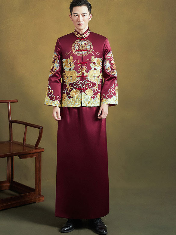 Burgundy Embroidered Men's Dragon Wedding Qun Gua