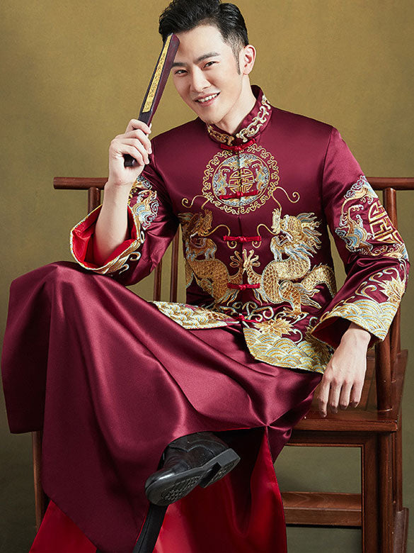 Burgundy Embroidered Men's Dragon Wedding Qun Gua