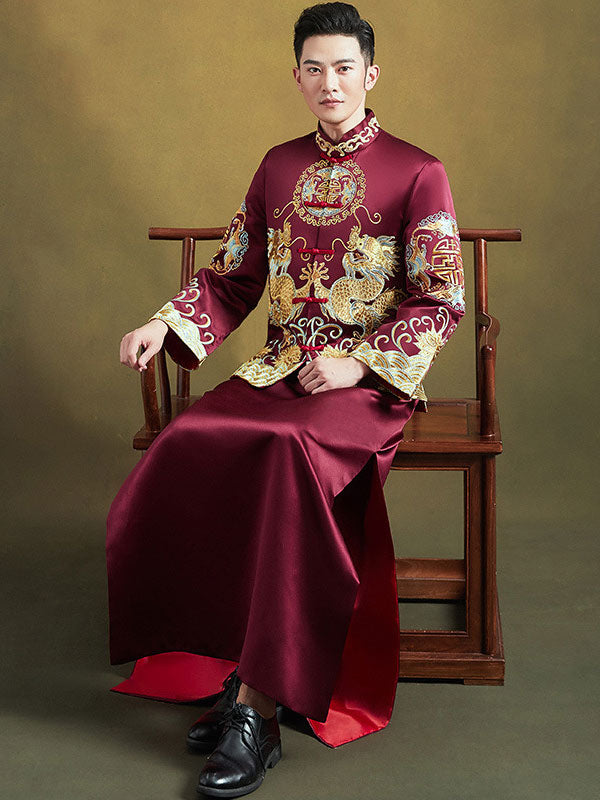 Burgundy Embroidered Men's Dragon Wedding Qun Gua