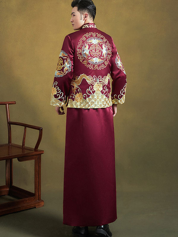 Burgundy Embroidered Men's Dragon Wedding Qun Gua