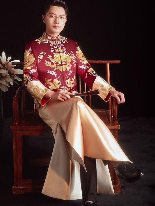 Colorblock Groom Dragon Wedding Qun Gua, Jacket & Skirt