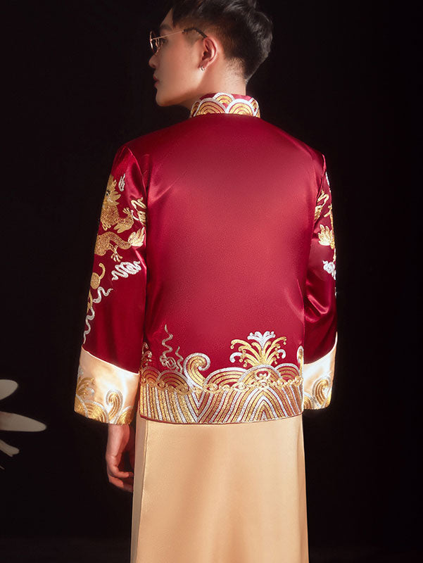 Colorblock Groom Dragon Wedding Qun Gua, Jacket & Skirt