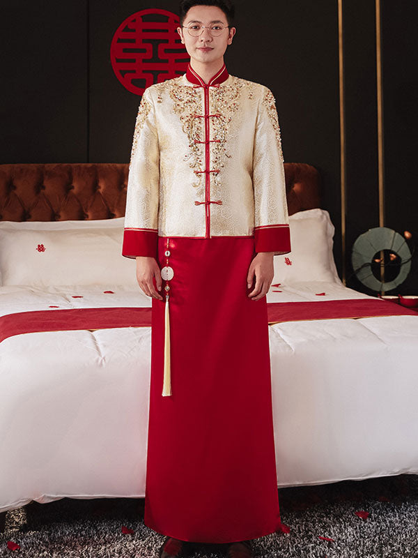 Beaded Champagne Groom Wedding Qun Gua, Jacket & Skirt