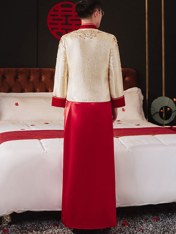 Beaded Champagne Groom Wedding Qun Gua, Jacket & Skirt