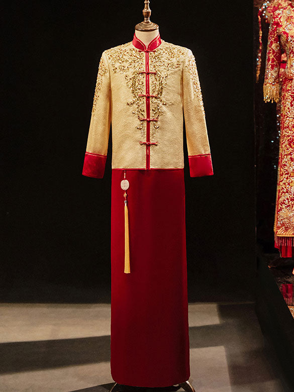 Beaded Champagne Groom Wedding Qun Gua, Jacket & Skirt