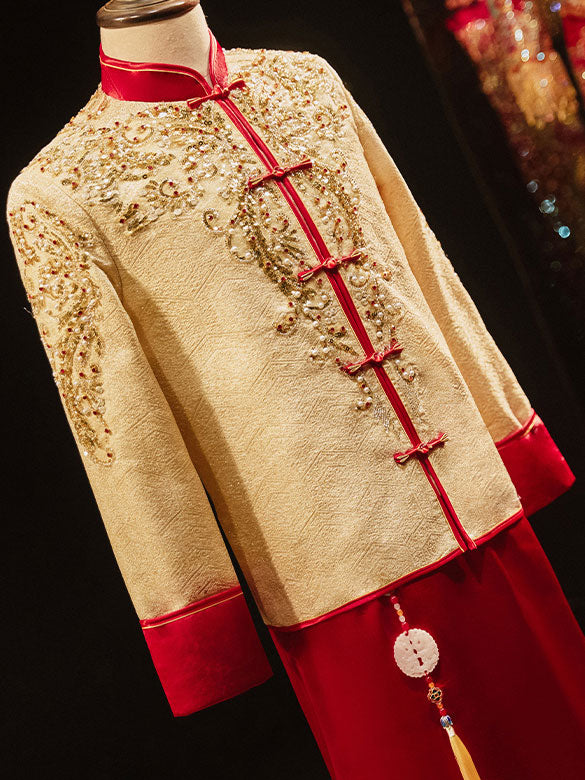 Beaded Champagne Groom Wedding Qun Gua, Jacket & Skirt