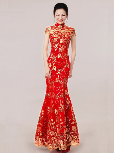 Red Full Length Sequined Mermaid Cheongsam / Qipao Wedding Dress