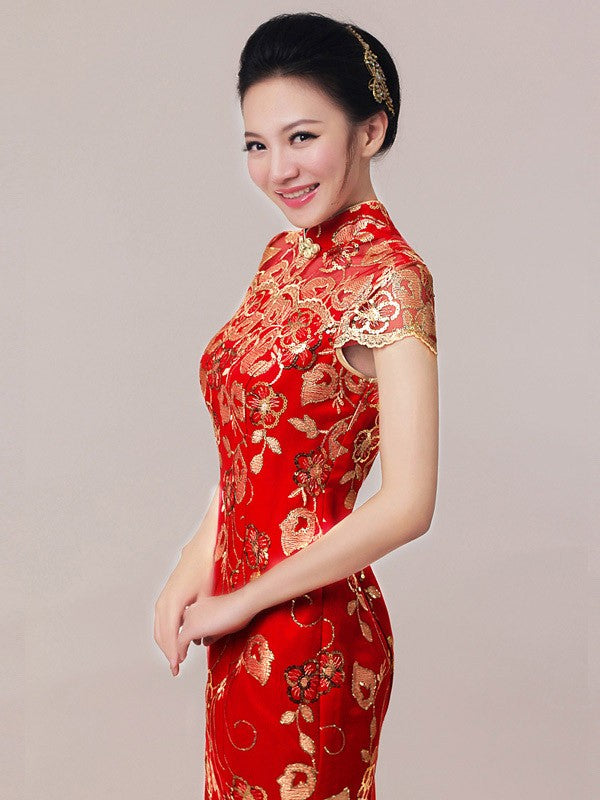 Red Full Length Sequined Mermaid Cheongsam / Qipao Wedding Dress