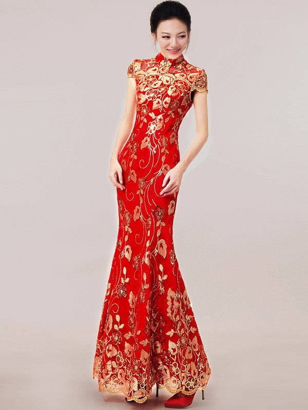 Red Full Length Sequined Mermaid Cheongsam / Qipao Wedding Dress