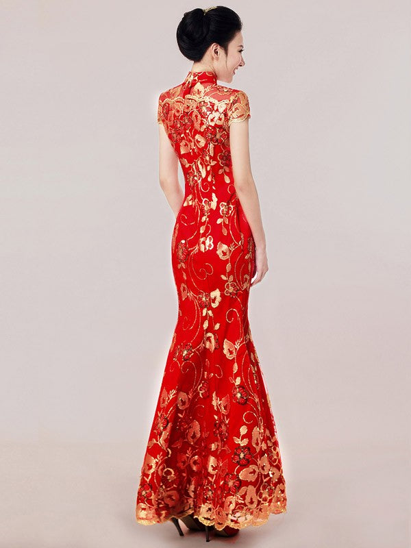 Red Full Length Sequined Mermaid Cheongsam / Qipao Wedding Dress
