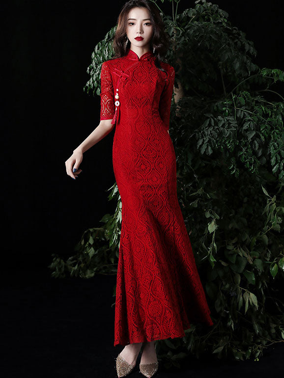 Burgundy Lace Fishtail Qipao Wedding Cheongsam Dress