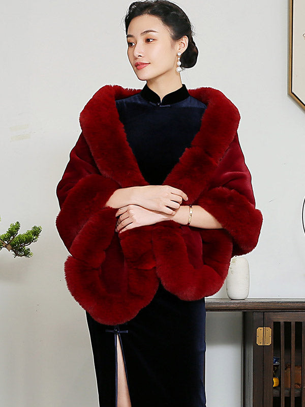 Wine Red Faux Fur Qipao Wrap Shawls Cape