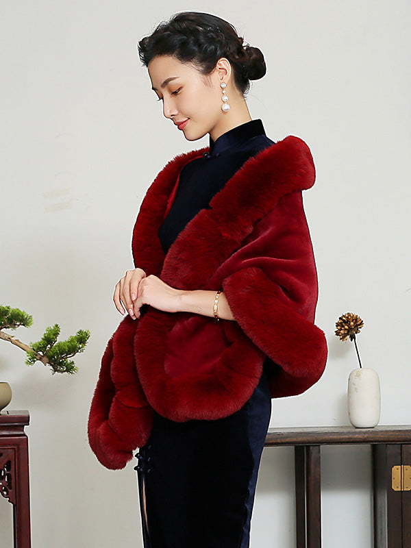 Wine Red Faux Fur Qipao Wrap Shawls Cape