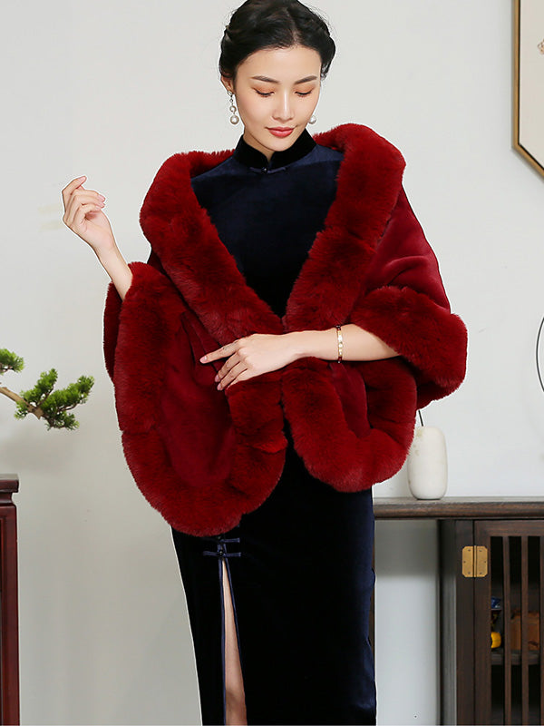 Wine Red Faux Fur Qipao Wrap Shawls Cape