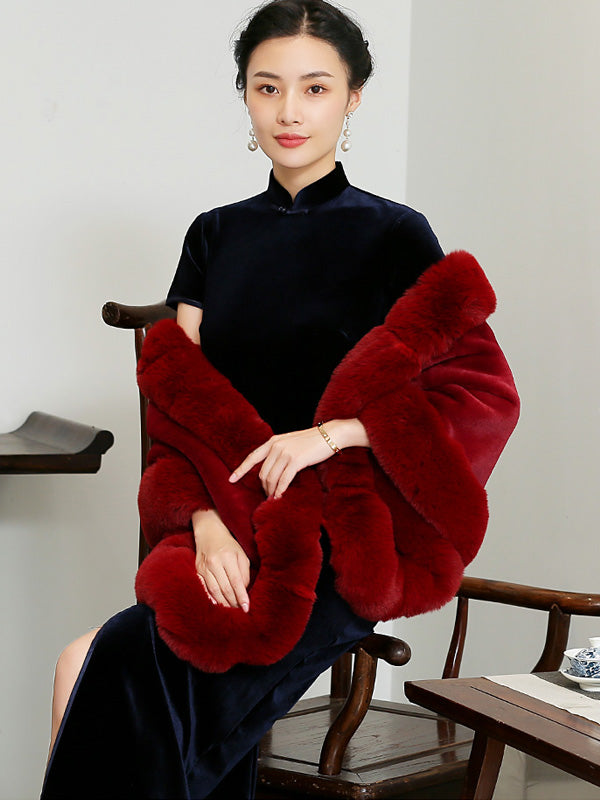 Wine Red Faux Fur Qipao Wrap Shawls Cape