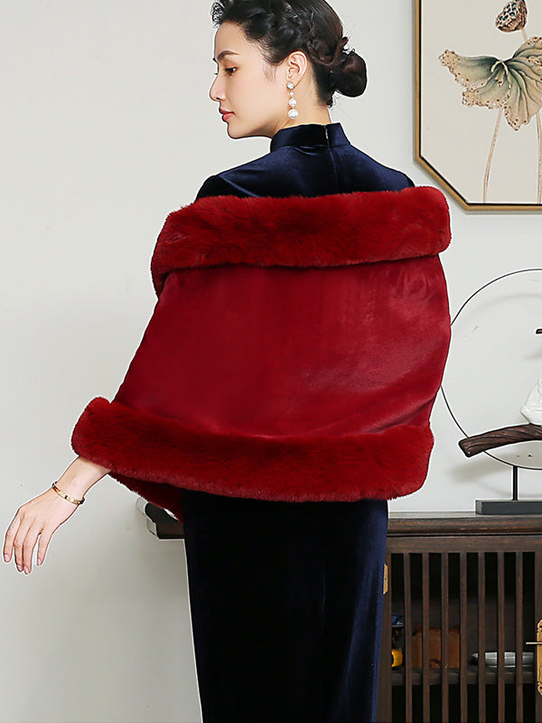 Wine Red Faux Fur Qipao Wrap Shawls Cape