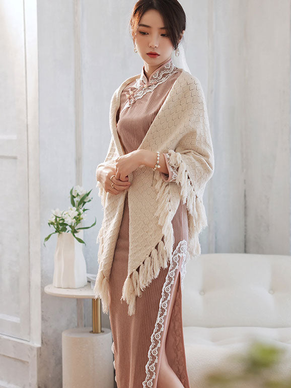 Beige Red Grid Winter Shawl Wrap Scarf with Tassels