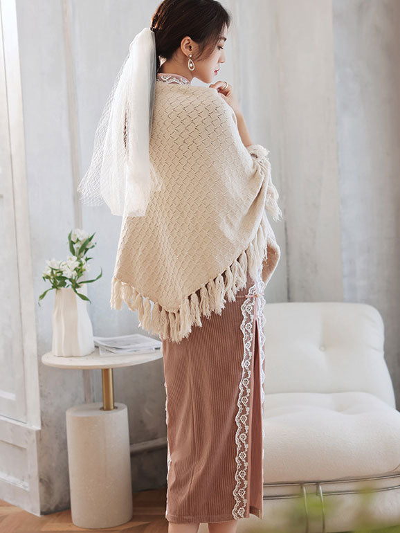 Beige Red Grid Winter Shawl Wrap Scarf with Tassels