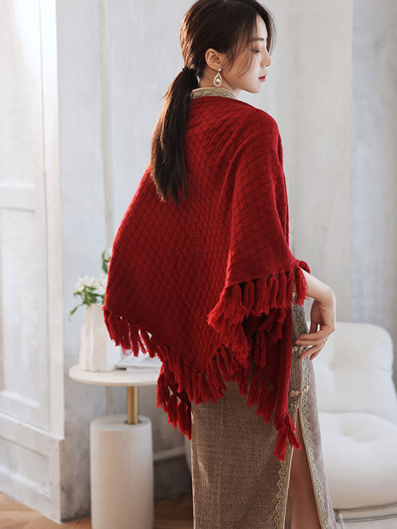 Beige Red Grid Winter Shawl Wrap Scarf with Tassels